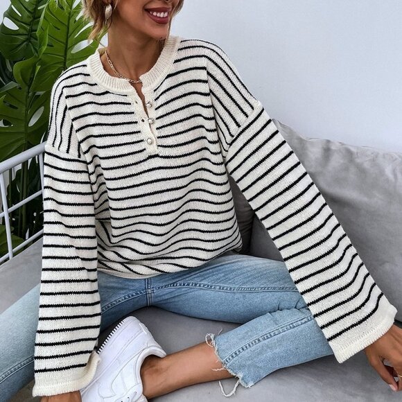 . Sweaters - Black and White Preppy Womens Striped Drop Shoulder Button Front Sweater